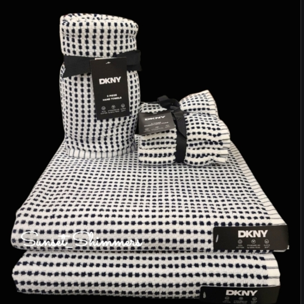 8pc DKNY 2 Bath 2 Hand 4 Washcloth White & Black Gingham Check Towel Set New